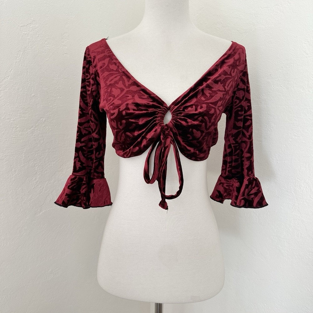 Y2K Velvet Tie Front Crop Top One Size Burgundy Bell Sleeve Boho Festival Goth